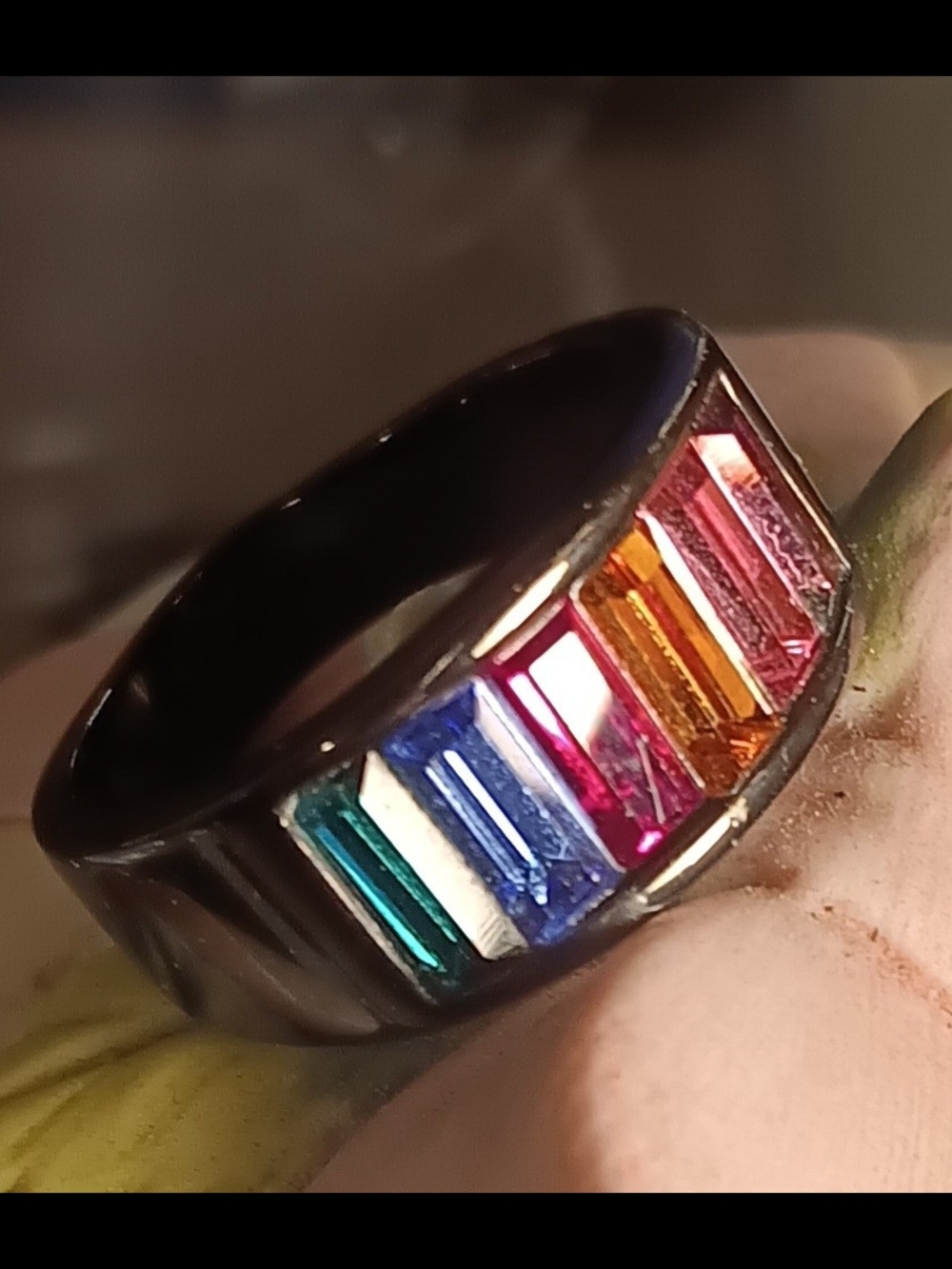 Stainless Steel Rainbow Baguette Stone Ring - Black Band